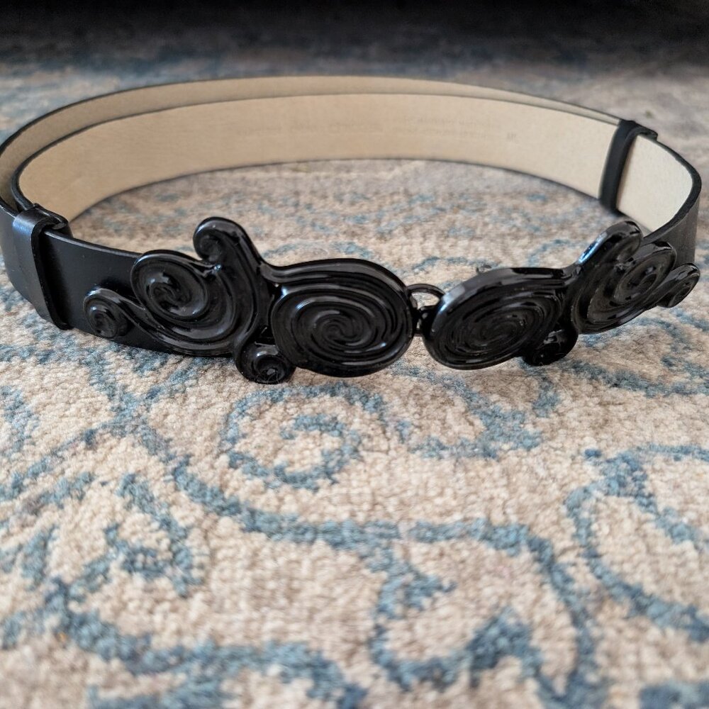 CHICO'S Belt Women's M/L Black Leather Adjustable Black Metal Swirl Hook Buckle